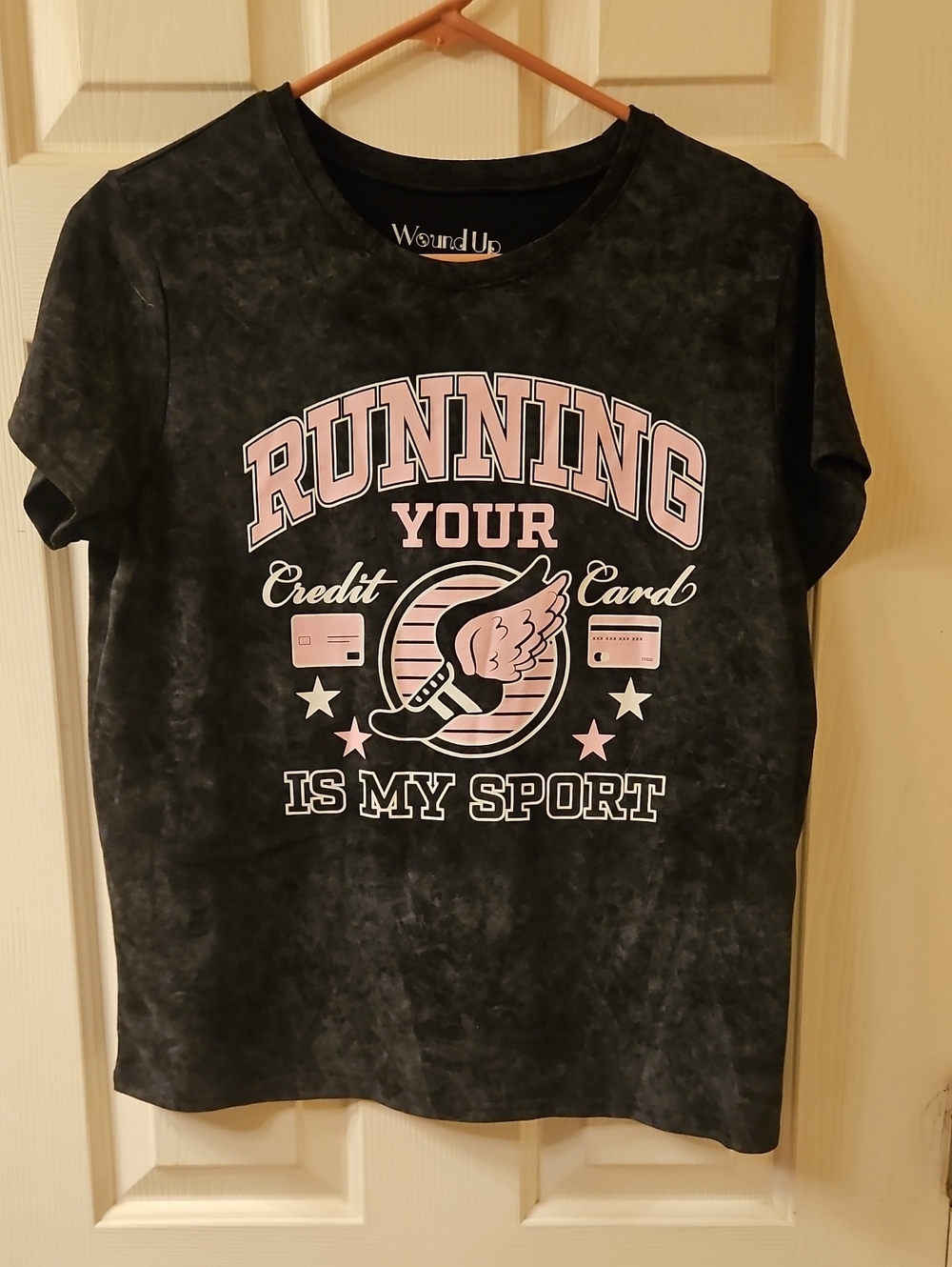 Wound Up Black Tee with Pink Graphic 'Running Your Credit Card'